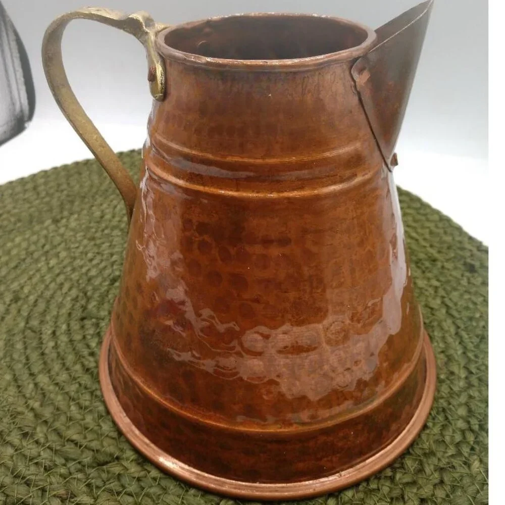Vintage Hammered Copper Water Pitcher With Brass Handle & Spout